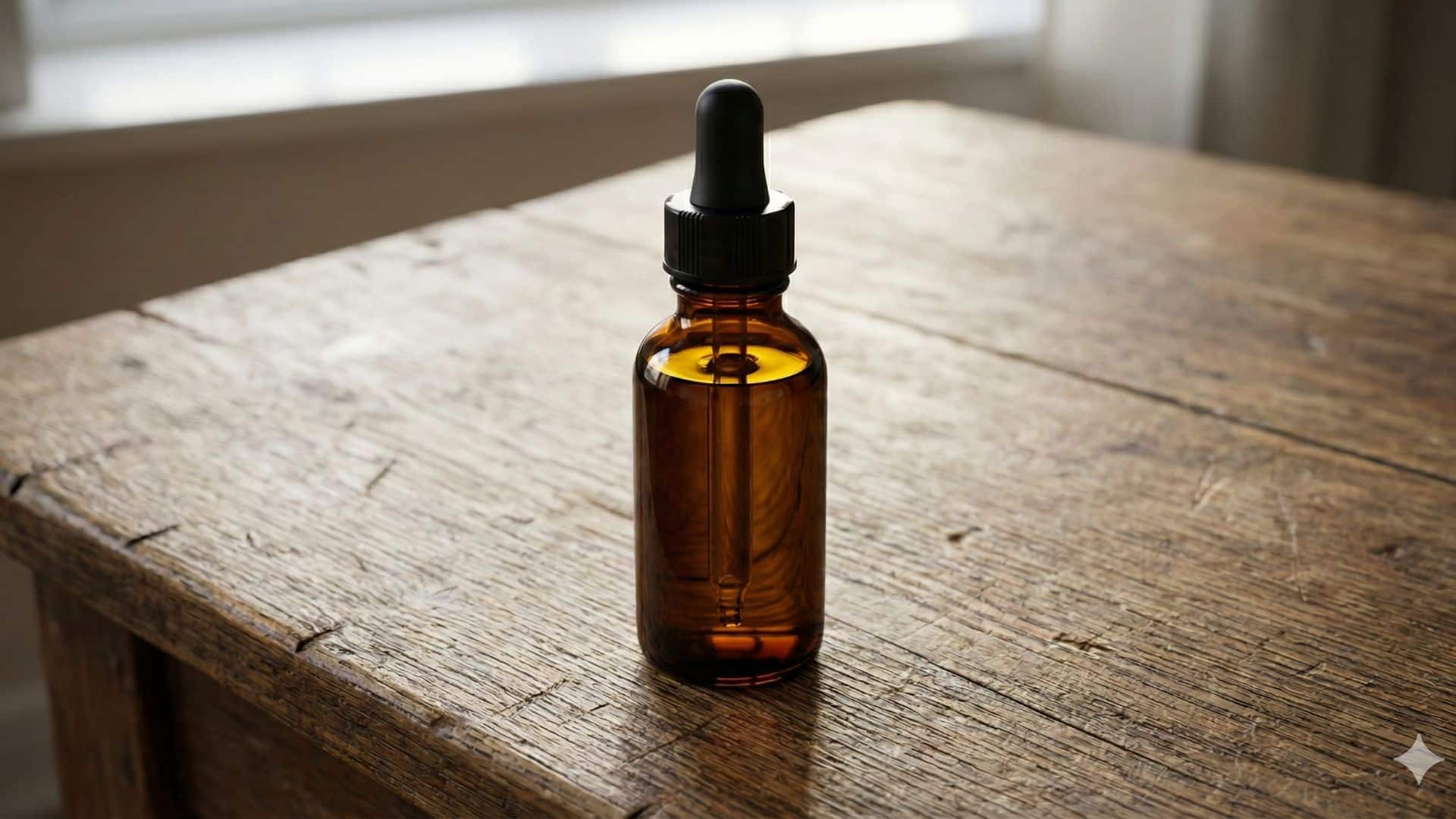 Amber glass dropper bottle on a wooden table representing Rick Simpson Oil