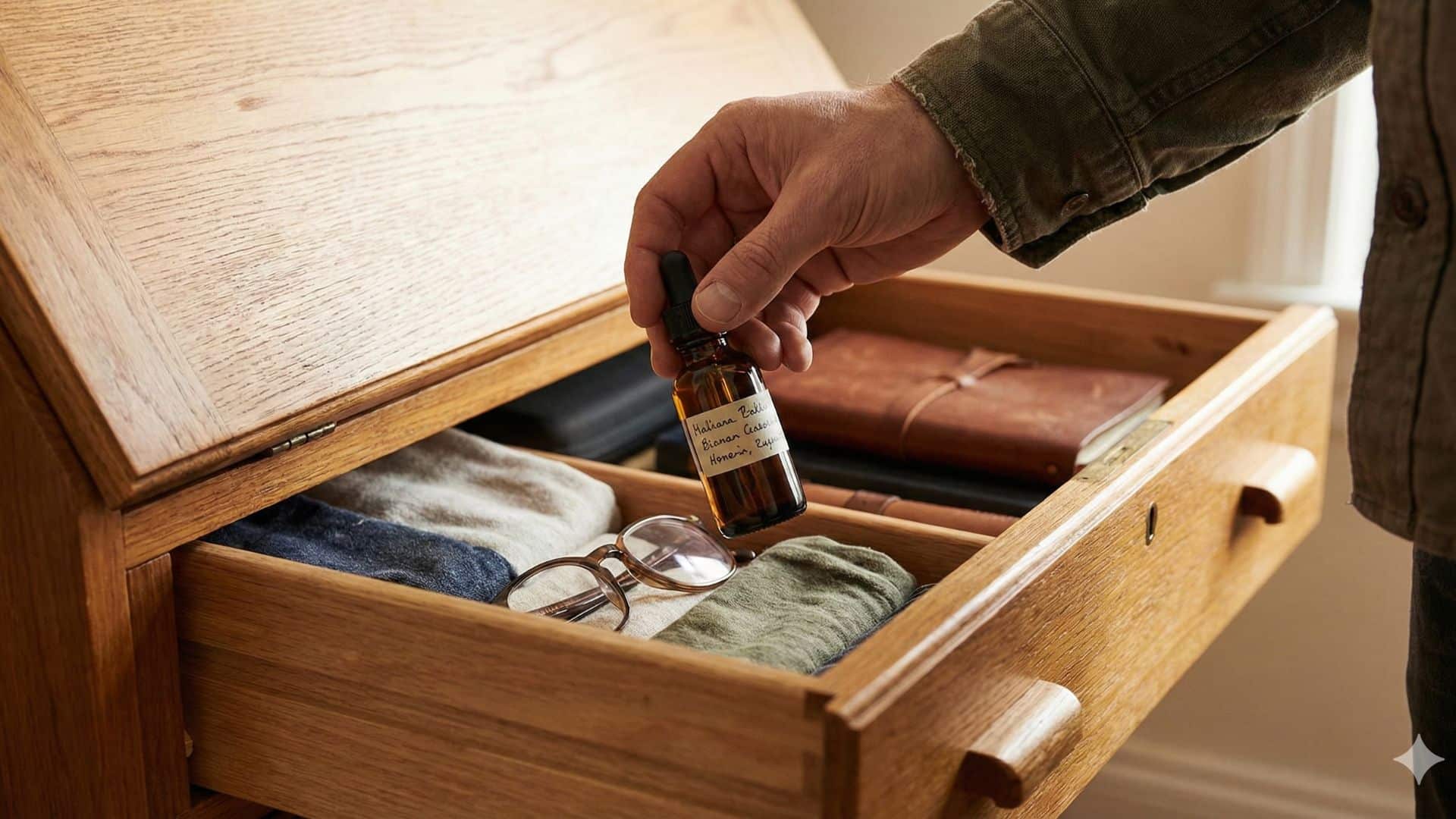 Hand holding a small bottle of cannabis oil in a drawer, illustrating what is Rick Simpson Oil in a home setting