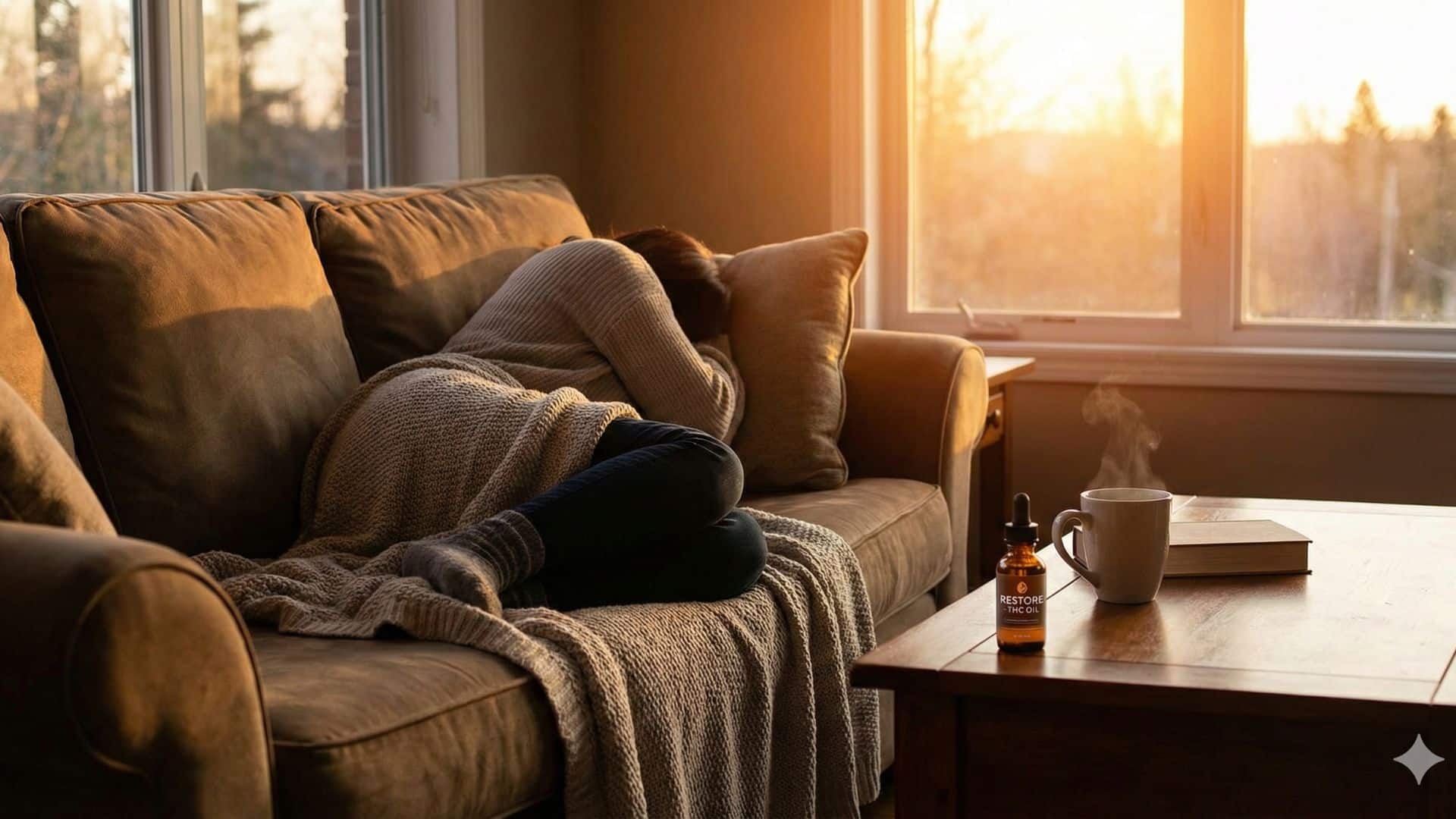 Person resting on a couch at home with a bottle of Rick Simpson Oil on a nearby table