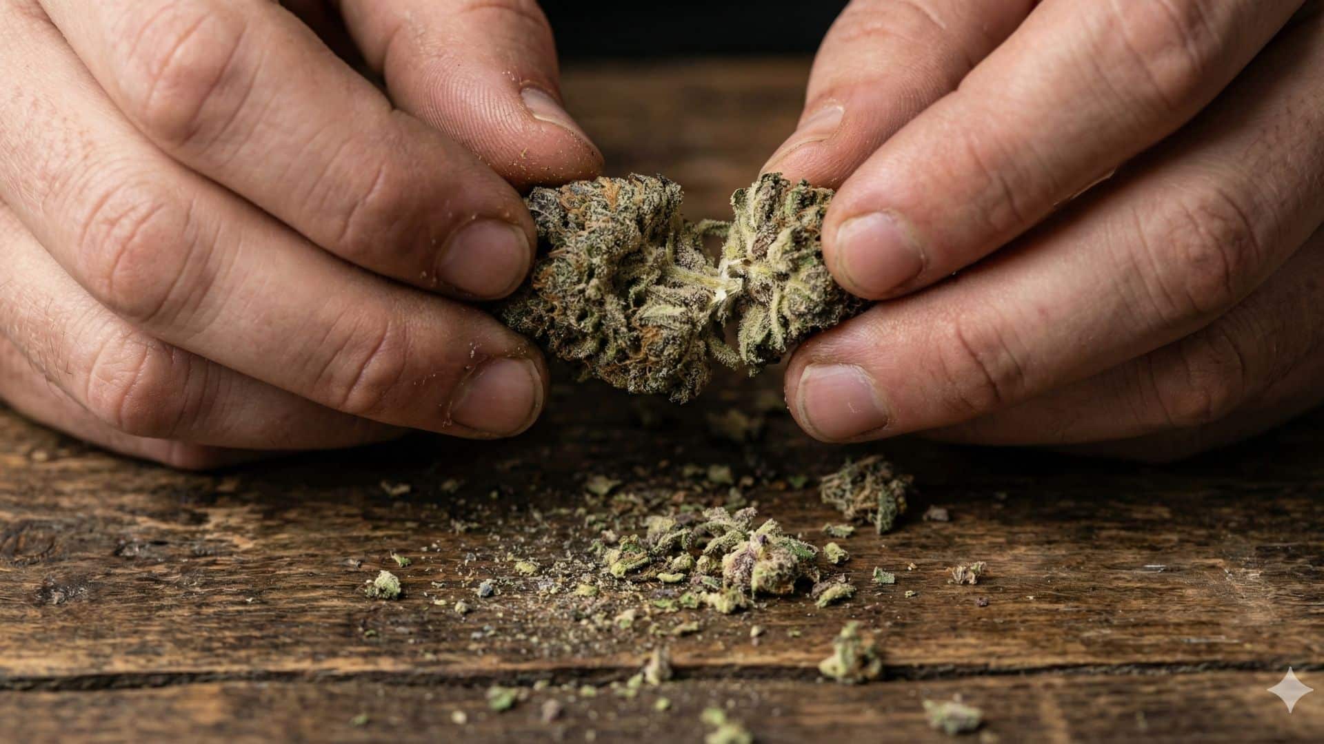 Green Crack weed strain buds separated by hand, showing texture and trichome coverage