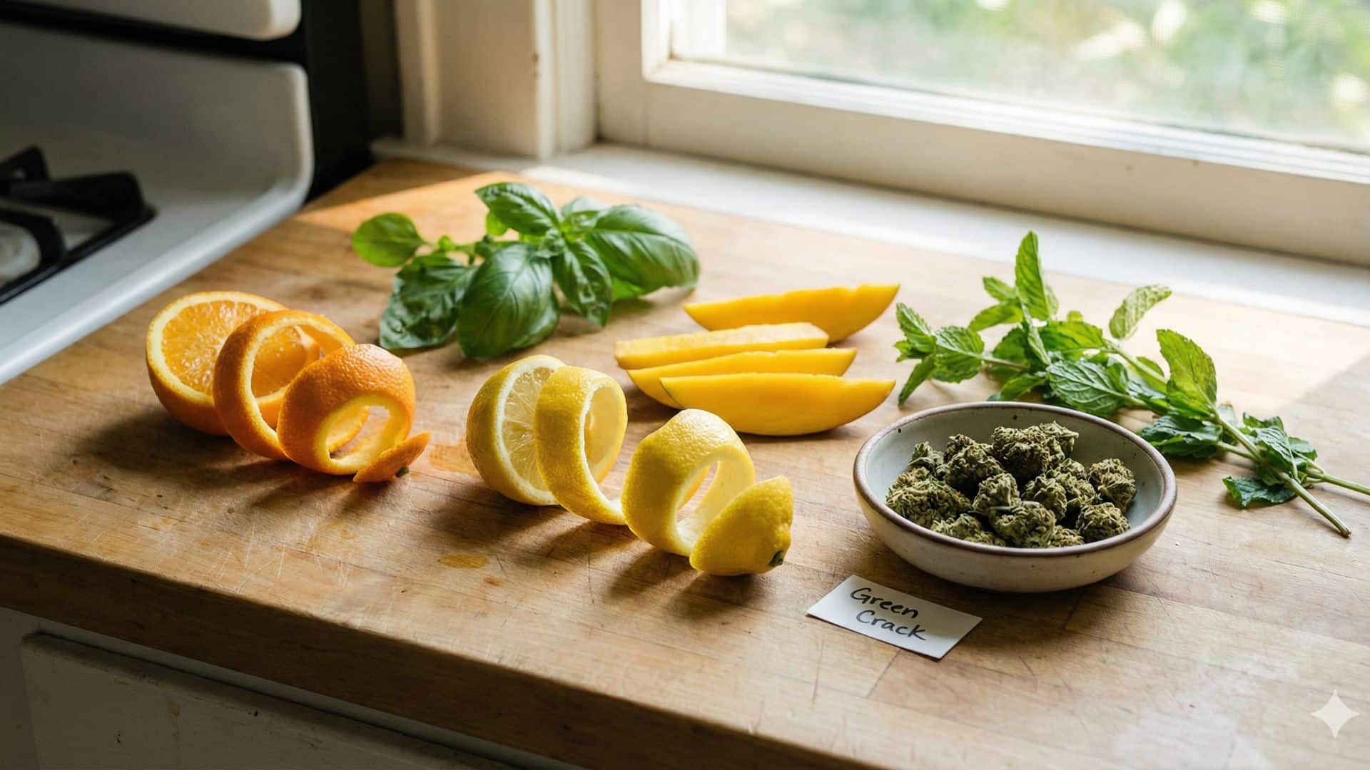 Bowl of Green Crack strain cannabis buds on a cutting board with citrus peels and fresh herbs