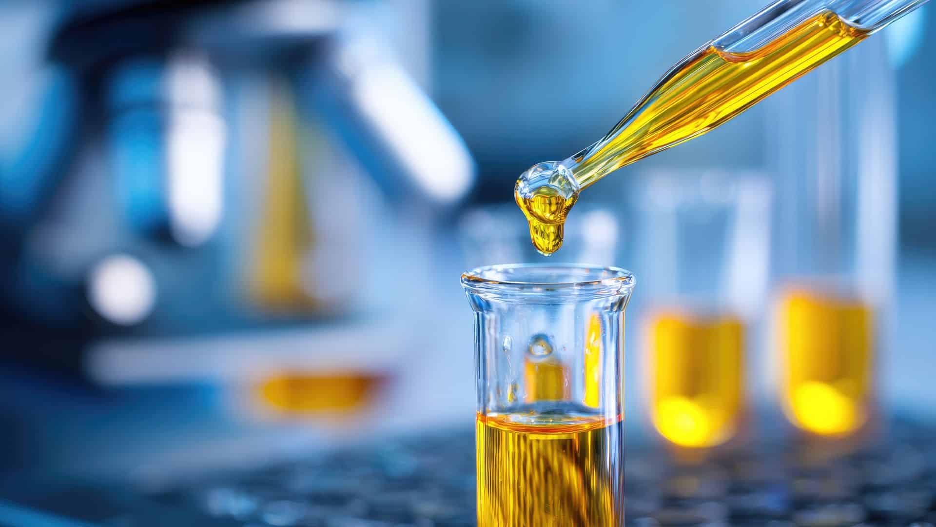 Close-up of THC shatter concentrate in liquid form during processing in a lab-style setting