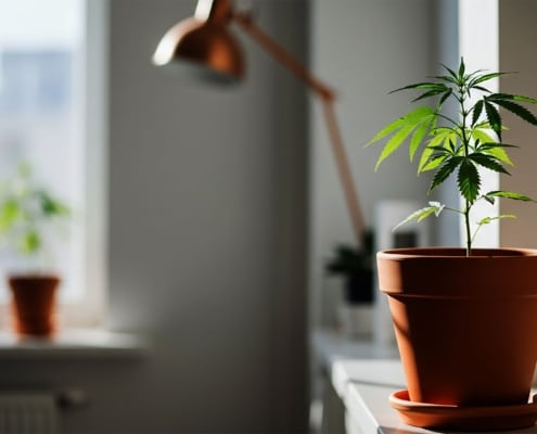 Young cannabis plant growing indoors, commonly associated with cultivating the northern lights strain
