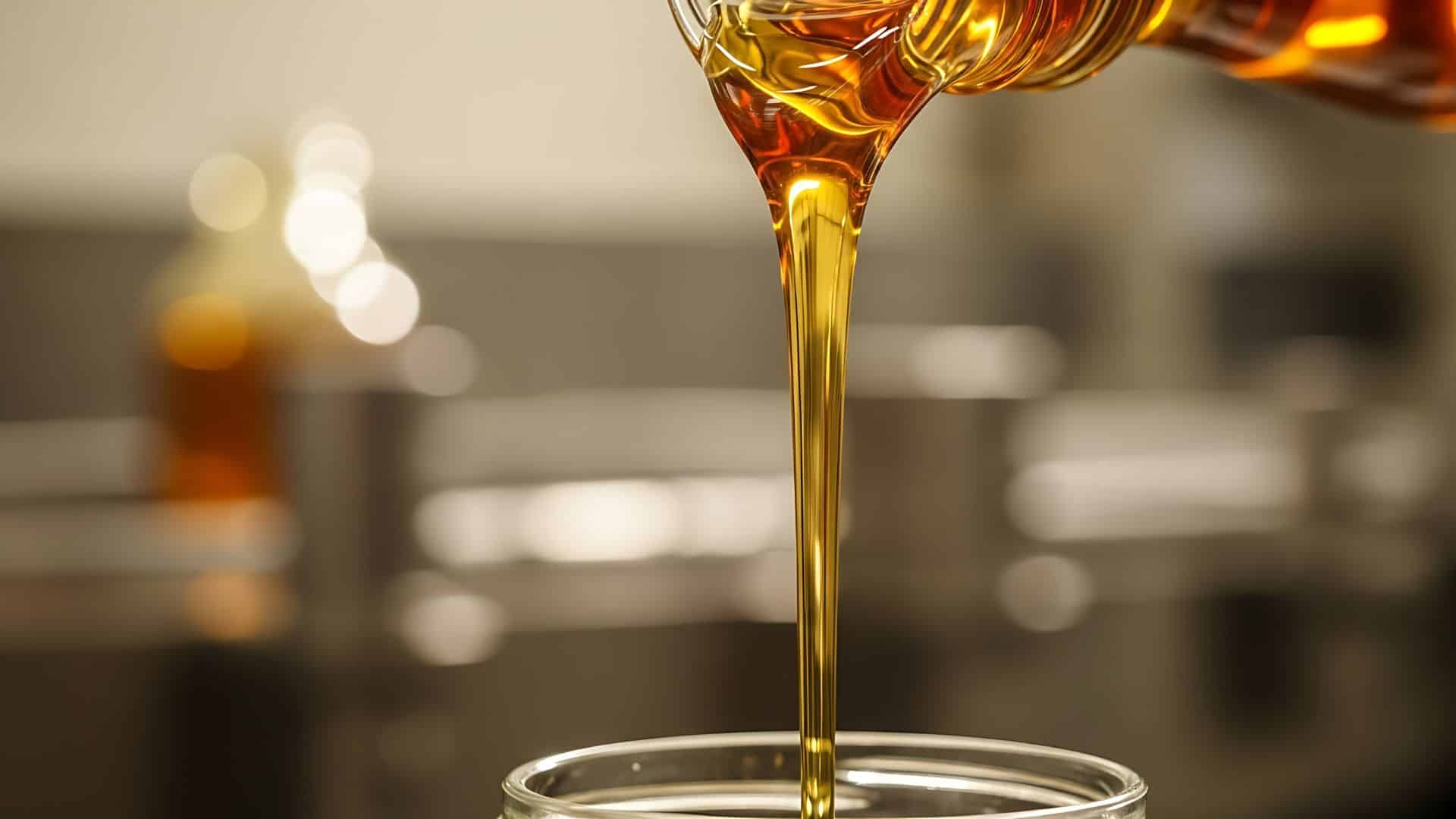 Close-up of thick, golden live sauce concentrate with a glossy, terpene-rich consistency